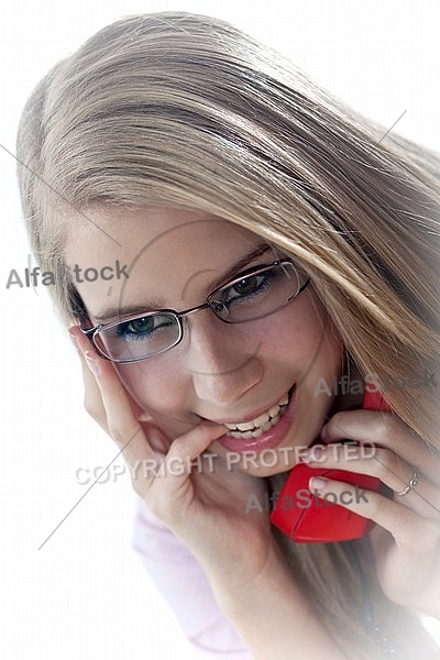 Blonde girl with glasses and red phone