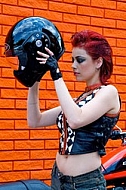 Fashion model in Harley-Davidson Motor Shop