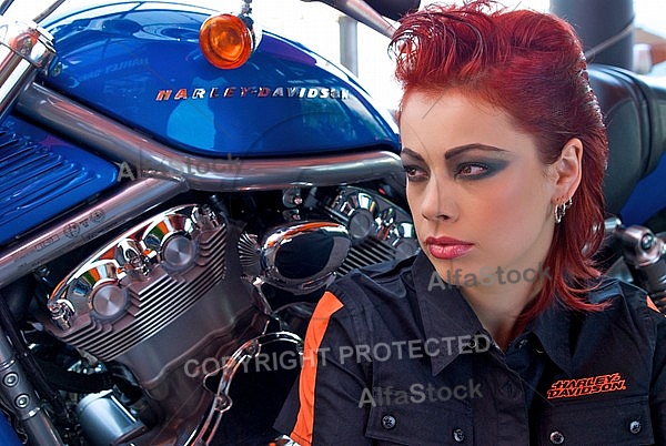 Fashion model in Harley-Davidson Motor Shop