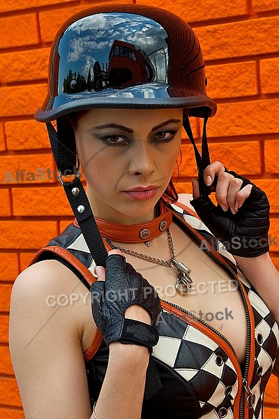 Fashion model in Harley-Davidson Motor Shop