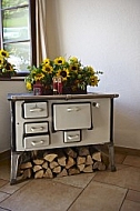 Window, sunflower, stove, woodpile.