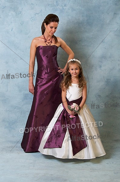 Woman and girl in purple and white Dresses