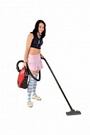 Yung girl with vacuum cleaner. White background