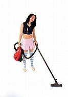 Yung girl with vacuum cleaner. White background