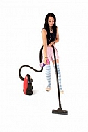 Yung girl with vacuum cleaner. White background